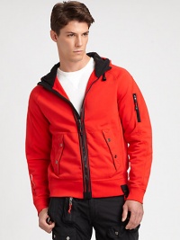 A sporty classic is reinterpreted in soft compact fleece for this vibrant jacket with utility pockets and an attached wind-guard hood.Zip frontAttached drawstring hoodFront slash pocketsZippered pocket at sleeveBanded cuffs and hem72% cotton/28% polyesterMachine washImported