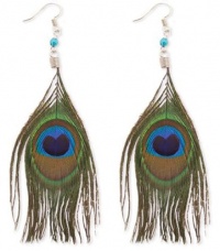 ZAD Long and Elegant Peacock Feather Hook Earrings on Silver Fish Hooks and Blue Beaded Accent