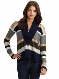 THE LOOKStripe pattern throughoutRibbed shawl collarLong sleevesStraight front hemCurved, longer back hemTHE FITAbout 26 from shoulder to hemTHE MATERIAL70% wool/30% cashmereCARE & ORIGINDry cleanImported THE LOOKStripe pattern throughoutRibbed shawl collarLong sleevesStraight front hemCurved, longer back hemTHE FITAbout 26 from shoulder to hemTHE MATERIAL70% wool/30% cashmereCARE & ORIGINDry cleanImported