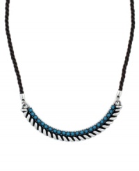 A touch of turquoise adds a fresh feel to this Jessica Simpson necklace. A black rope is adorned with a silver tone mixed metal setting and plastic turquoise beading. Approximate length: 16 inches. A touch of turquoise adds a fresh feel to this Jessica Simpson necklace. A black rope is adorned with a silver tone mixed metal setting and plastic turquoise beading. Approximate length: 16 inches.