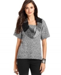 A patchwork of knits at the cowl neckline of this Style&co. petite sweater gives it striking appeal! A patchwork of knits at the cowl neckline of this Style&co. petite sweater gives it striking appeal!