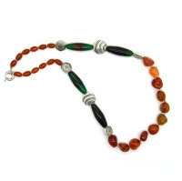 Silver Tone Copper, Red Agate and Blended Green Agate Fashion Necklace 27-inches Silver Tone Copper, Red Agate and Blended Green Agate Fashion Necklace 27-inches