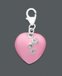 You can never go wrong with a little pink. Add sparkle and color with this bold pink heart charm with crystal accents. Set in sterling silver with a lobster claw clasp. Approximate diameter: 1/2 inch. You can never go wrong with a little pink. Add sparkle and color with this bold pink heart charm with crystal accents. Set in sterling silver with a lobster claw clasp. Approximate diameter: 1/2 inch.
