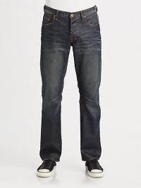An easy-going style that is sure to be a weekend favorite, shaped in straight-leg dark wash with a resin coating.Five-pocket styleInseam, about 32CottonMachine washImported An easy-going style that is sure to be a weekend favorite, shaped in straight-leg dark wash with a resin coating.Five-pocket styleInseam, about 32CottonMachine washImported