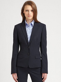 A refined blazer with just the right amount of stretch to offer the perfect fit. Button closureFlap pocketsFully linedAbout 22 from shoulder to hem96% viscose/4% elastaneDry cleanImported Model shown is 5'11 (180cm) wearing US size 4. 