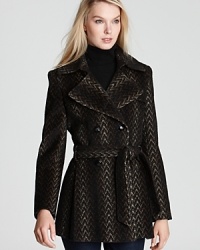An endlessly chic ombre chevron pattern decorates this Via Spiga trench coat, rendered in a warm wool-blend for fall-to-winter luxe. Perfect for your nine-to-five schedule, it's equally smart for off-hour events. An endlessly chic ombre chevron pattern decorates this Via Spiga trench coat, rendered in a warm wool-blend for fall-to-winter luxe. Perfect for your nine-to-five schedule, it's equally smart for off-hour events.