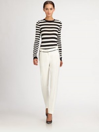 Graphic, sporty stripes, band this fine-knit silk silhouette.CrewneckLong sleevesRib-knit cuffs and hemWider back stripesSilkDry cleanImportedModel shown is 5'10 (177cm) wearing US size Small. Graphic, sporty stripes, band this fine-knit silk silhouette.CrewneckLong sleevesRib-knit cuffs and hemWider back stripesSilkDry cleanImportedModel shown is 5'10 (177cm) wearing US size Small.