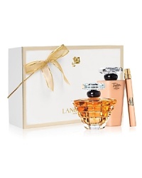 For the holidays, Trésor captures the spirit of eternal love. This collection combines the elegance of rose, muguet and lilac with the sparkle of peach and apricot blossom for an elegant and radiant fragrance. Gift includes Trésor Fragrance Spray 1 fl. oz., Trésor Body Lotion 3.4 fl. oz. and Trésor Purse Spray 0.34 fl. oz. For the holidays, Trésor captures the spirit of eternal love. This collection combines the elegance of rose, muguet and lilac with the sparkle of peach and apricot blossom for an elegant and radiant fragrance. Gift includes Trésor Fragrance Spray 1 fl. oz., Trésor Body Lotion 3.4 fl. oz. and Trésor Purse Spray 0.34 fl. oz.
