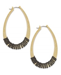 Industrial chic. Thin hematite tone chains wrapped around an oval hoop setting exude modernity on this trendy Alfani earrings style. Set in gold tone mixed metal. Approximate diameter: 2-3/8 inches. Industrial chic. Thin hematite tone chains wrapped around an oval hoop setting exude modernity on this trendy Alfani earrings style. Set in gold tone mixed metal. Approximate diameter: 2-3/8 inches.
