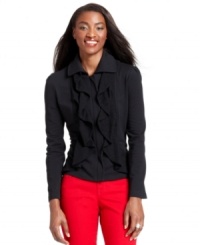 Upgrade your fall staples with this chic jacket from Style&co. Ruffled lace and gathering at the shoulders create a softer, feminine silhouette. Upgrade your fall staples with this chic jacket from Style&co. Ruffled lace and gathering at the shoulders create a softer, feminine silhouette.