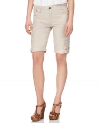 Cargo style gets a feminine update on these petite Style&co. shorts, designed with ruched panels at the thighs and roll-tab cuffs. Cargo style gets a feminine update on these petite Style&co. shorts, designed with ruched panels at the thighs and roll-tab cuffs.
