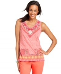 Mixed geometric prints and gorgeous beading lends a faraway look to this tank top from Charter Club. Pair it with matching vibrant pants for a casual, comfortable ensemble that's so put-together! Mixed geometric prints and gorgeous beading lends a faraway look to this tank top from Charter Club. Pair it with matching vibrant pants for a casual, comfortable ensemble that's so put-together!
