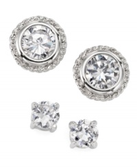 The perfect addition to your accessory collection - snap up sparkly studs to complement any ensemble! Earring set by City by City includes one pair of round-cut cubic zirconias in a prong setting, and one pair of round-cut, bezel-set cubic zirconias (11-1/2 ct. t.w.) with a rope edging. Crafted in silver tone mixed metal. The perfect addition to your accessory collection - snap up sparkly studs to complement any ensemble! Earring set by City by City includes one pair of round-cut cubic zirconias in a prong setting, and one pair of round-cut, bezel-set cubic zirconias (11-1/2 ct. t.w.) with a rope edging. Crafted in silver tone mixed metal.