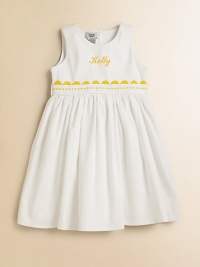 A classic look for adorable girls everywhere, shaped from soft cotton piqué with a ribbon waist and yellow rick-rack trim. Back button closure Gathered empire waist Cotton Machine wash Made in USA FOR PERSONALIZATION Select a quantity, then scroll down and click on PERSONALIZE & ADD TO BAG to choose and preview your personalization options. Please allow 2 weeks for delivery. A classic look for adorable girls everywhere, shaped from soft cotton piqué with a ribbon waist and yellow rick-rack trim. Back button closure Gathered empire waist Cotton Machine wash Made in USA FOR PERSONALIZATION Select a quantity, then scroll down and click on PERSONALIZE & ADD TO BAG to choose and preview your personalization options. Please allow 2 weeks for delivery.