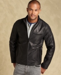 This buffalo leather racer jacket from Tommy Hilfiger hits at the hip and will become a timeless classic in your closet. This buffalo leather racer jacket from Tommy Hilfiger hits at the hip and will become a timeless classic in your closet.
