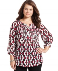 Look pretty in pleats with Style&co.'s three-quarter-sleeve plus size top, featuring a vivid print. (Clearance) Look pretty in pleats with Style&co.'s three-quarter-sleeve plus size top, featuring a vivid print. (Clearance)
