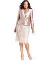 A structured satin jacket makes a perfect compliment to a romantic lace skirt. Tahari by ASL adds a sparkling touch to this plus size suit with a rhinestone brooch at the waist.