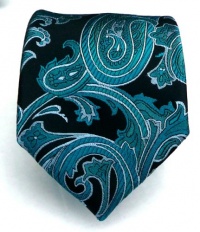 100% Silk Woven Black and Green Teal Paisley Tie