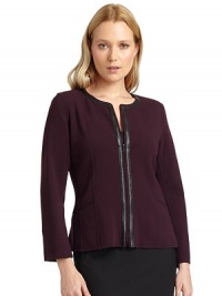 THE LOOKCrewneckFaux leather trimZip-front closureTHE FITAbout 23 from shoulder to hemTHE MATERIALVirgin wool/elastaneCARE & ORIGINDry cleanImportedModel shown is 5'8 (172½cm) wearing US size 6. THE LOOKCrewneckFaux leather trimZip-front closureTHE FITAbout 23 from shoulder to hemTHE MATERIALVirgin wool/elastaneCARE & ORIGINDry cleanImportedModel shown is 5'8 (172½cm) wearing US size 6.