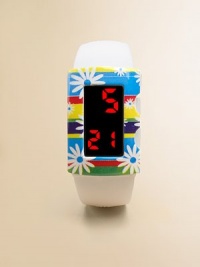 This delightful concept offers a smart, solid color digital watch paired with a splashy bezel cover that snaps on to change the look in an instant.Interchangeable flower coverBold pushbutton LED display with time, date and minutesLightweightWater-resistantSilicone strapPlastic case and coverSmall size: Children under 12Medium size: Children 12 and upImported This delightful concept offers a smart, solid color digital watch paired with a splashy bezel cover that snaps on to change the look in an instant.Interchangeable flower coverBold pushbutton LED display with time, date and minutesLightweightWater-resistantSilicone strapPlastic case and coverSmall size: Children under 12Medium size: Children 12 and upImported