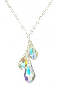 Sterling Silver Swarovski Elements Crystal Aurora Borealis Linear Teardrops Necklace, 18 Sterling Silver Swarovski Elements Crystal Aurora Borealis Linear Teardrops Necklace, 18