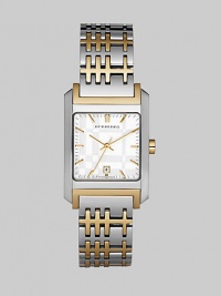 Familiar Burberry checks are subtly designed into the bracelet of this elegant two-tone watch with a silver dial.Quartz movement Water-resistant to 5ATM Smooth bezel Square stainless steel case with IP (ionic plating) gold-finished accents; 25 mm (.98) X 29 mm (1.14) Silver sunray textured dial Bar hour markers Date display at 6:00 Second hand Stainless steel and goldplated link bracelet in check pattern; 16mm wide (.63) Made in Switzerland Familiar Burberry checks are subtly designed into the bracelet of this elegant two-tone watch with a silver dial.Quartz movement Water-resistant to 5ATM Smooth bezel Square stainless steel case with IP (ionic plating) gold-finished accents; 25 mm (.98) X 29 mm (1.14) Silver sunray textured dial Bar hour markers Date display at 6:00 Second hand Stainless steel and goldplated link bracelet in check pattern; 16mm wide (.63) Made in Switzerland