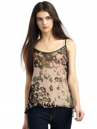 THE LOOKAdjustable spaghetti strapsSolid trim along necklineAllover semi-sheer printBack button closureTHE FITAbout 24 from shoulder to hemTHE MATERIALRayonCARE & ORIGINDry cleanMade in USAModel shown is 5'11 (180cm) wearing US size Small. THE LOOKAdjustable spaghetti strapsSolid trim along necklineAllover semi-sheer printBack button closureTHE FITAbout 24 from shoulder to hemTHE MATERIALRayonCARE & ORIGINDry cleanMade in USAModel shown is 5'11 (180cm) wearing US size Small.