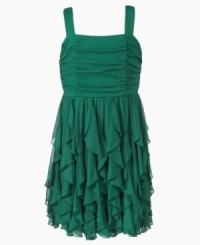 Flirty ruffles make this corkscrew dress from Ruby Rox a flowy addition to her sweet party style. Flirty ruffles make this corkscrew dress from Ruby Rox a flowy addition to her sweet party style.