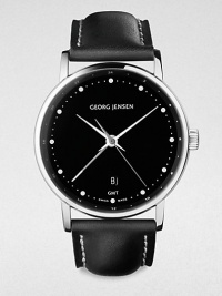 From the Koppel Collection. A classic timepiece based on the brand's philosophy to meld design and functionality. Quartz movementWater resistant to 3 ATMRound stainless steel case, 32mm (1.25)Smooth bezelBlack lacquer dialDot hour markersDate display at 6 o'clockSecond hand Secondary time handBlack calfskin leather strapMade in Switzerland From the Koppel Collection. A classic timepiece based on the brand's philosophy to meld design and functionality. Quartz movementWater resistant to 3 ATMRound stainless steel case, 32mm (1.25)Smooth bezelBlack lacquer dialDot hour markersDate display at 6 o'clockSecond hand Secondary time handBlack calfskin leather strapMade in Switzerland