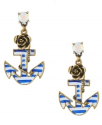 We're all on board with the nautical theme, and these blue pinstripe anchor earrings by Betsey Johnson are no exception! Crafted in brass tone mixed metal, earrings feature blue and white enamel accents and round-cut crystal studs. Approximate drop: 1-3/8 inches. We're all on board with the nautical theme, and these blue pinstripe anchor earrings by Betsey Johnson are no exception! Crafted in brass tone mixed metal, earrings feature blue and white enamel accents and round-cut crystal studs. Approximate drop: 1-3/8 inches.