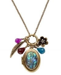 Under lock and key. This mesmerizing pendant necklace from Fossil features a brass tone locket with abalone shell detail, feather and flower charms, clusters of colored resin, dyed jade and clear crystals. Crafted in brass tone mixed metal. Convertible chain. Approximate length: 18 inches or 32 inches. Approximate drop: 2 inches. Under lock and key. This mesmerizing pendant necklace from Fossil features a brass tone locket with abalone shell detail, feather and flower charms, clusters of colored resin, dyed jade and clear crystals. Crafted in brass tone mixed metal. Convertible chain. Approximate length: 18 inches or 32 inches. Approximate drop: 2 inches.