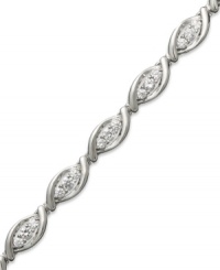 High style, with a twist. With round-cut diamonds (2 ct. t.w.) adding a lustrous touch, this three-stone bracelet speaks to your elegant side. Set in 10k white gold. Approximate length: 7-1/4 inches. High style, with a twist. With round-cut diamonds (2 ct. t.w.) adding a lustrous touch, this three-stone bracelet speaks to your elegant side. Set in 10k white gold. Approximate length: 7-1/4 inches.