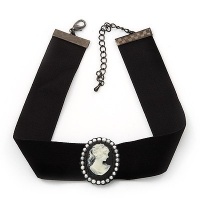 Black Velour Ribbon Pearl 'Cameo' Choker Necklace - 30cm Length & 8cm Extension Black Velour Ribbon Pearl 'Cameo' Choker Necklace - 30cm Length & 8cm Extension