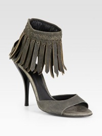 Boho fringe ankle strap adds dynamic movement to this stunning suede silhouette. Stacked heel, 4½ (115mm)Suede upperBack zipperLeather lining and solePadded insoleMade in Italy Boho fringe ankle strap adds dynamic movement to this stunning suede silhouette. Stacked heel, 4½ (115mm)Suede upperBack zipperLeather lining and solePadded insoleMade in Italy