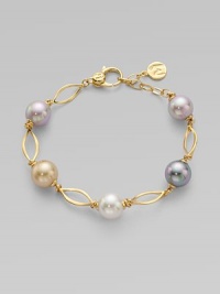A gorgeous blend of different colored pearls with 18k goldplated sterling silver links. 10mm and 12mm round white, champagne, grey and black organic hand-made pearls 18k goldplated sterling silver Lobster clasp closure Length, about 7½ Imported A gorgeous blend of different colored pearls with 18k goldplated sterling silver links. 10mm and 12mm round white, champagne, grey and black organic hand-made pearls 18k goldplated sterling silver Lobster clasp closure Length, about 7½ Imported