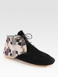 Multicolored patchwork of textured canvas adds a wow factor to this comfortable suede design. Suede and canvas upperCanvas liningRubber solePadded insoleMade in Italy Multicolored patchwork of textured canvas adds a wow factor to this comfortable suede design. Suede and canvas upperCanvas liningRubber solePadded insoleMade in Italy