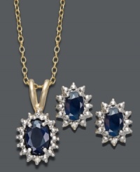 Even if you're not a September baby, this earring and necklace set by Victoria Townsend is totally tempting. With a look inspired by royalty, oval-cut sapphires (2-1/5 ct. t.w.) are surrounded by sparkling, round-cut diamond accents and set in 18k gold over sterling silver. Approximate length: 18 inches. Approximate pendant drop: 1/2 inch. Approximate earring drop: 3/8 inch. Even if you're not a September baby, this earring and necklace set by Victoria Townsend is totally tempting. With a look inspired by royalty, oval-cut sapphires (2-1/5 ct. t.w.) are surrounded by sparkling, round-cut diamond accents and set in 18k gold over sterling silver. Approximate length: 18 inches. Approximate pendant drop: 1/2 inch. Approximate earring drop: 3/8 inch.