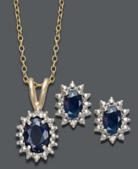 Even if you're not a September baby, this earring and necklace set by Victoria Townsend is totally tempting. With a look inspired by royalty, oval-cut sapphires (2-1/5 ct. t.w.) are surrounded by sparkling, round-cut diamond accents and set in 18k gold over sterling silver. Approximate length: 18 inches. Approximate pendant drop: 1/2 inch. Approximate earring drop: 3/8 inch.