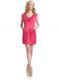 THE LOOKRuffled bibCap sleevesPleated skirt, front and backAngled besom pocketsBack zip with hook-and-eye closureTHE FITAbout 32 from shoulder to hemTHE MATERIAL58% polyester/42% rayonFully linedCARE & ORIGINDry cleanImportedModel shown is 5'10 (177cm) wearing US size 4. THE LOOKRuffled bibCap sleevesPleated skirt, front and backAngled besom pocketsBack zip with hook-and-eye closureTHE FITAbout 32 from shoulder to hemTHE MATERIAL58% polyester/42% rayonFully linedCARE & ORIGINDry cleanImportedModel shown is 5'10 (177cm) wearing US size 4.