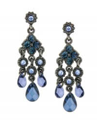 Blue note: Stunning shades of sapphire make a striking statement for 2028's drop earrings. Crafted in hematite mixed metal, they're adorned with tanzanite and sapphire-colored glass stones. Approximate drop: 2-1/4 inches. Blue note: Stunning shades of sapphire make a striking statement for 2028's drop earrings. Crafted in hematite mixed metal, they're adorned with tanzanite and sapphire-colored glass stones. Approximate drop: 2-1/4 inches.