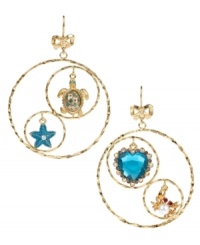 Hit the sand in Betsey Johnson's flirty gypsy hoop earrings. Each delicate hoop features two charms: a turtle with crystal accents, turquoise starfish, blue-colored crystal heart and gold tone crab with glass pearl accent. Crafted in antique gold tone mixed metal with tiny ribbons at post. Approximate drop: 3 inches. Approximate diameter: 2 inches. Hit the sand in Betsey Johnson's flirty gypsy hoop earrings. Each delicate hoop features two charms: a turtle with crystal accents, turquoise starfish, blue-colored crystal heart and gold tone crab with glass pearl accent. Crafted in antique gold tone mixed metal with tiny ribbons at post. Approximate drop: 3 inches. Approximate diameter: 2 inches.