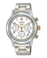 A classic dress watch with modern tech, from Seiko. Crafted of stainless steel bracelet with gold tone accents and round case, 40mm. White chronograph dial features three subdials, date window, gold tone applied stick indices, black numerals at two, four, eight, ten and twelve o'clock, minute track, gold tone three hands and logo at twelve o'clock. Quartz movement. Water resistant to 100 meters. Three-year limited warranty. A classic dress watch with modern tech, from Seiko. Crafted of stainless steel bracelet with gold tone accents and round case, 40mm. White chronograph dial features three subdials, date window, gold tone applied stick indices, black numerals at two, four, eight, ten and twelve o'clock, minute track, gold tone three hands and logo at twelve o'clock. Quartz movement. Water resistant to 100 meters. Three-year limited warranty.