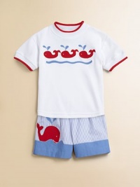 Swimming whale appliqués and contrasting trim make a splash on the front of this plush cotton knit.CrewneckShort sleevesPullover styleCottonMachine washImported Swimming whale appliqués and contrasting trim make a splash on the front of this plush cotton knit.CrewneckShort sleevesPullover styleCottonMachine washImported