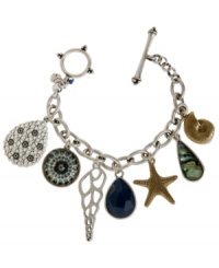 A charming collection of beautiful shells. Lucky Brand's shell charm mixed metal bracelet is made of plastic, reconstituted semi-precious calcite, epoxy, semi-precious abalone, and stone and glass crystals. Approximate length: 7-5/8 inches. A charming collection of beautiful shells. Lucky Brand's shell charm mixed metal bracelet is made of plastic, reconstituted semi-precious calcite, epoxy, semi-precious abalone, and stone and glass crystals. Approximate length: 7-5/8 inches.