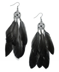 Jet black and dramatic. Ali Khan's silver-plated mixed metal earrings feature jet black feathers with glass stone detail. Approximate drop: 4-1/4 inches. Jet black and dramatic. Ali Khan's silver-plated mixed metal earrings feature jet black feathers with glass stone detail. Approximate drop: 4-1/4 inches.