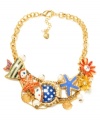 Hit the sand with this funky statement necklace from Betsey Johnson. This elaborate frontal combines gold tone mixed metal chains, multi-colored fish, red and blue starfish, yellow and red flowers, gold tone seashells, crystal accents and glass pearls. Approximate length: 16 inches + 3-inch extender. Approximate drop: 1-1/2 inches.