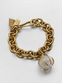 An exquisite bead of clear quartz held in an unique pronged setting on a chunky 14k goldplated link chain. Clear quartz14k goldplated brassLength, about 7.5S-hook closureMade in USA An exquisite bead of clear quartz held in an unique pronged setting on a chunky 14k goldplated link chain. Clear quartz14k goldplated brassLength, about 7.5S-hook closureMade in USA