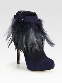 Floaty feathers ruffle this elevated platform silhouette, rendered in rich Italian suede with an adjustable buckle strap. Self-covered heel, 5 (125mm)Hidden platform, 1¼ (30mm)Compares to a 3¾ heel (95mm)Suede upper with feather trimSide zip and adjustable buckle strapLeather lining and solePadded insoleMade in Italy Floaty feathers ruffle this elevated platform silhouette, rendered in rich Italian suede with an adjustable buckle strap. Self-covered heel, 5 (125mm)Hidden platform, 1¼ (30mm)Compares to a 3¾ heel (95mm)Suede upper with feather trimSide zip and adjustable buckle strapLeather lining and solePadded insoleMade in Italy