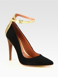 A must-have ankle strap pump, pairing suede with gleaming crocodile-print metallic leather. Stacked and crocodile-print metallic leather heel, 4¾ (120mm)Suede and crocodile-print metallic leather upperPoint toeAdjustable ankle strapLeather lining and solePadded insoleImported A must-have ankle strap pump, pairing suede with gleaming crocodile-print metallic leather. Stacked and crocodile-print metallic leather heel, 4¾ (120mm)Suede and crocodile-print metallic leather upperPoint toeAdjustable ankle strapLeather lining and solePadded insoleImported