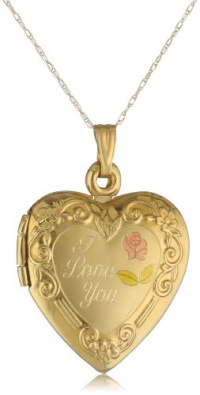 Duragold 14k Yellow Gold I Love You Heart Locket with Pink Rose Pendant Necklace, 18 Duragold 14k Yellow Gold I Love You Heart Locket with Pink Rose Pendant Necklace, 18
